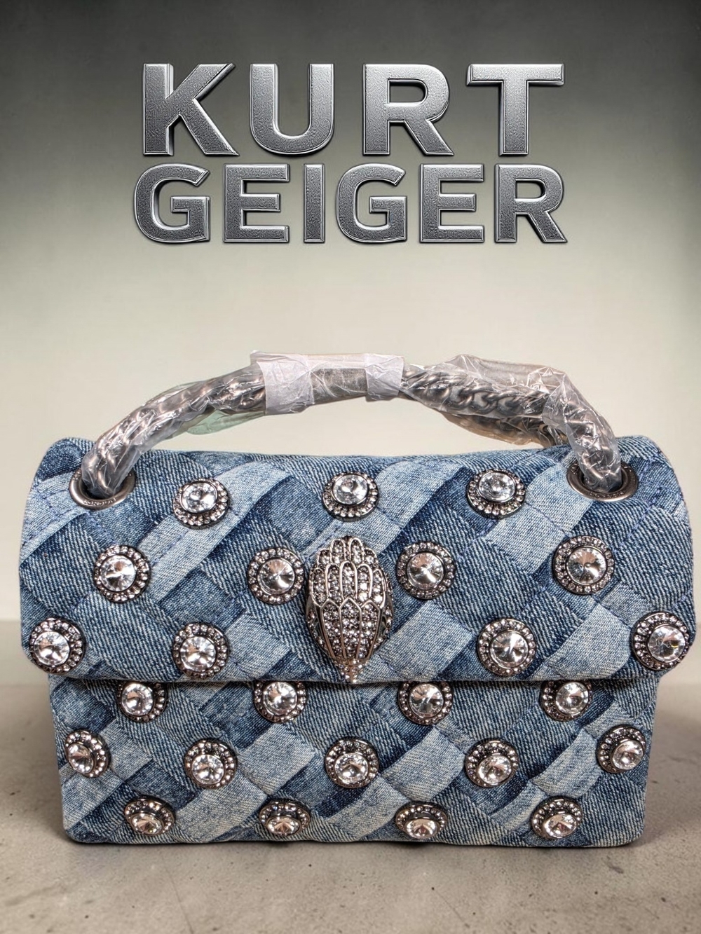 Kurt Geiger Denim Crystal-Embellished Kensington Crossbody NWT & Dusty!